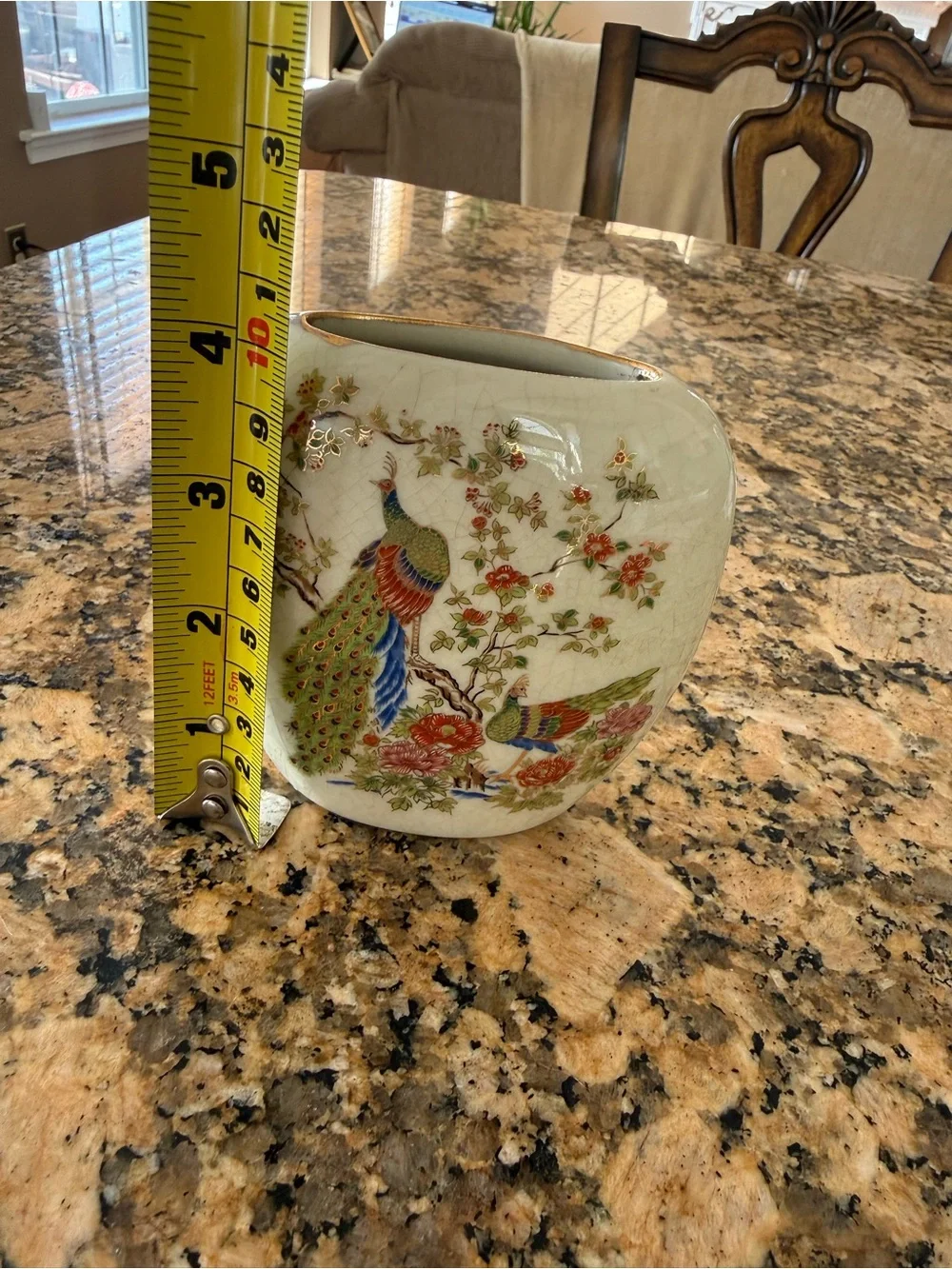 Vintage Porcelain Crackle Glaze Gold Trim Cherry Blossom Peacock Vase
